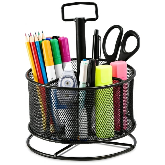 INTIGE 360-Degree Rotating Pencil Holder, Metal Mesh Desk Organizer,  4 Compartments Pen Holder