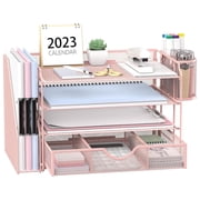 INTIGE 4-Tier Metal Desk Organizer with File Holder, 1 Drawer, 2 Pen Holders, Paper Organizer, Pink