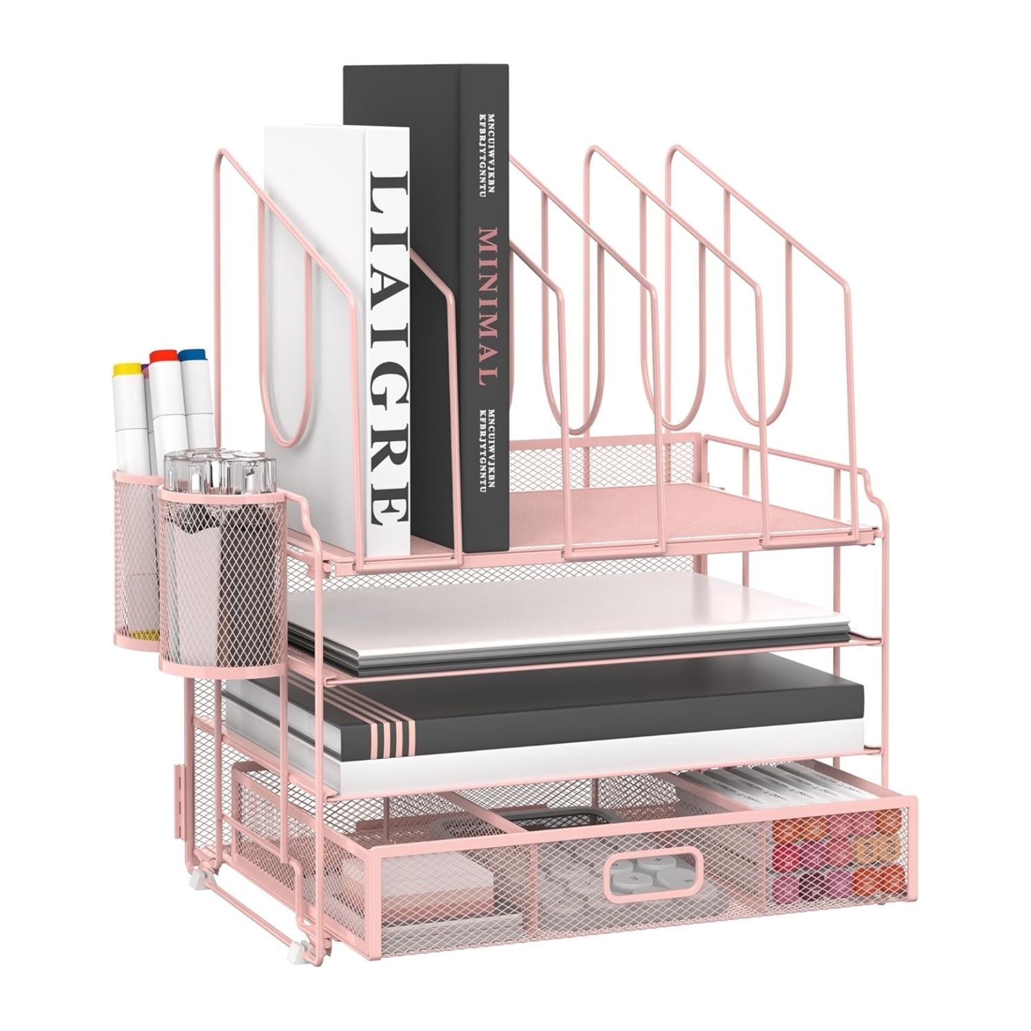 INTIGE 4-Tier Metal Desk Organizer with Drawer, 5 Vertical File Holders and 2 Pen Holders, Pink, 1 Pcs
