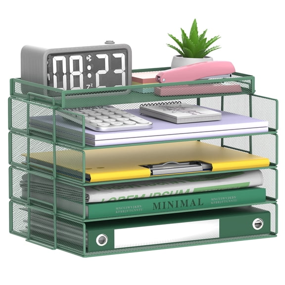 INTIGE 4-layer Storage Racks and 1-layer Trays, Stackable Letter Trays, Office Desk Organizer File Trays, File Paper Organizer