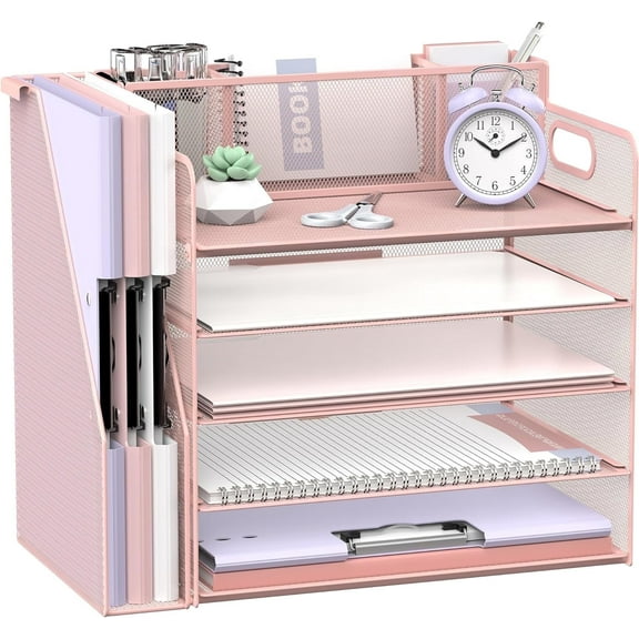 INTIGE 5 Tier Metal Desk File Organizer with File Rack and Pen Holders, Pink, 1 Pcs