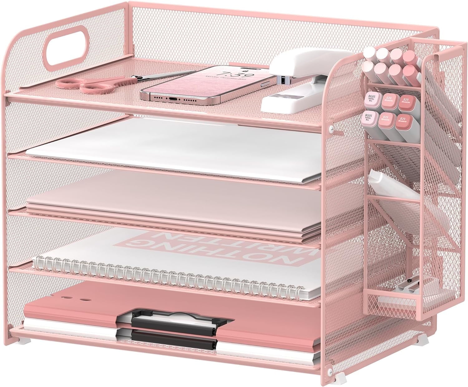 INTIGE 5 Tier Metal Mesh Desk File Organizer with Handle and Pen Holders, Pink, 1 Pcs
