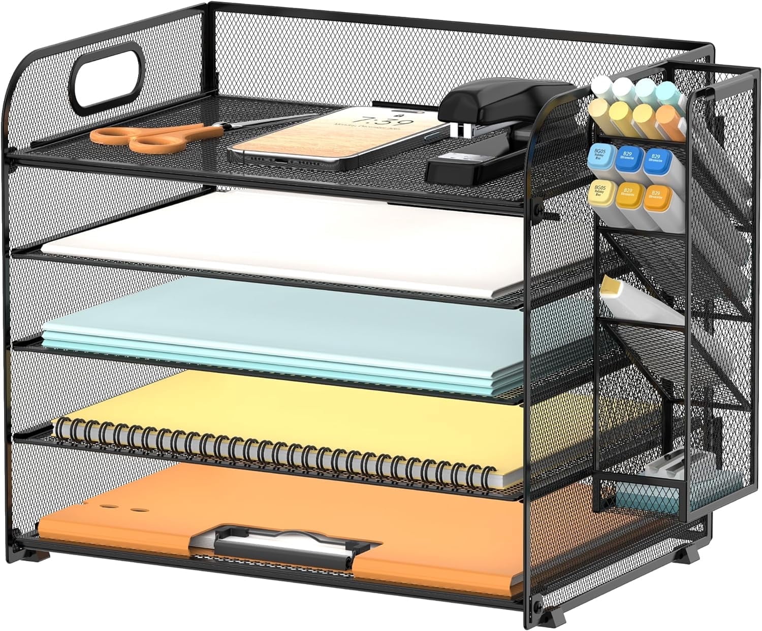 INTIGE 5 Tier Desk File Organizer with Handle and Pen Holders, Metal Paper Organizer for Office Supplies, Black, 1 Piece