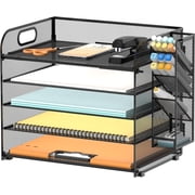INTIGE 5 Tier Desk File Organizer with Handle and Pen Holders, Metal Paper Organizer for Office Supplies, Black, 1 Piece
