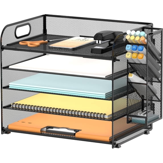 INTIGE 5 Tier Desk File Organizer with Handle and Pen Holders, Metal Paper Organizer for Office Supplies, Black, 1 Piece