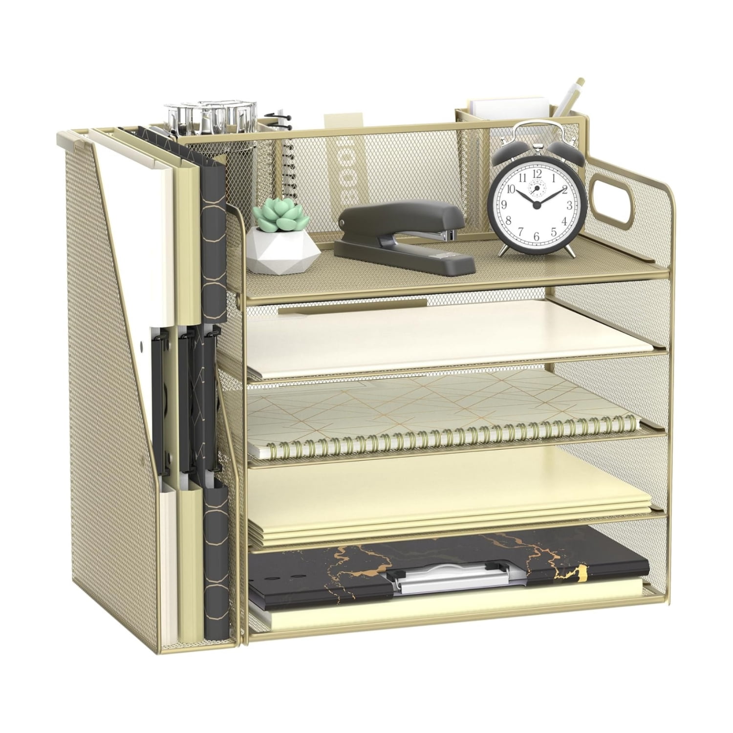 INTIGE 5-Tier Desk Organizer with 3 Pen Holders, Desktop Organizer with Magazine File Holder, Mesh Office Accessories and Pen Tray for File Organization