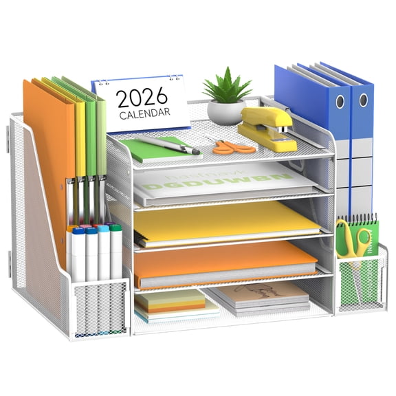 INTIGE 5-Tier Desk Organizer with File Holder, Mesh Paper Letter Tray Organizer with Magazine Holder, Desktop Organizer and Storage for Office Supplies