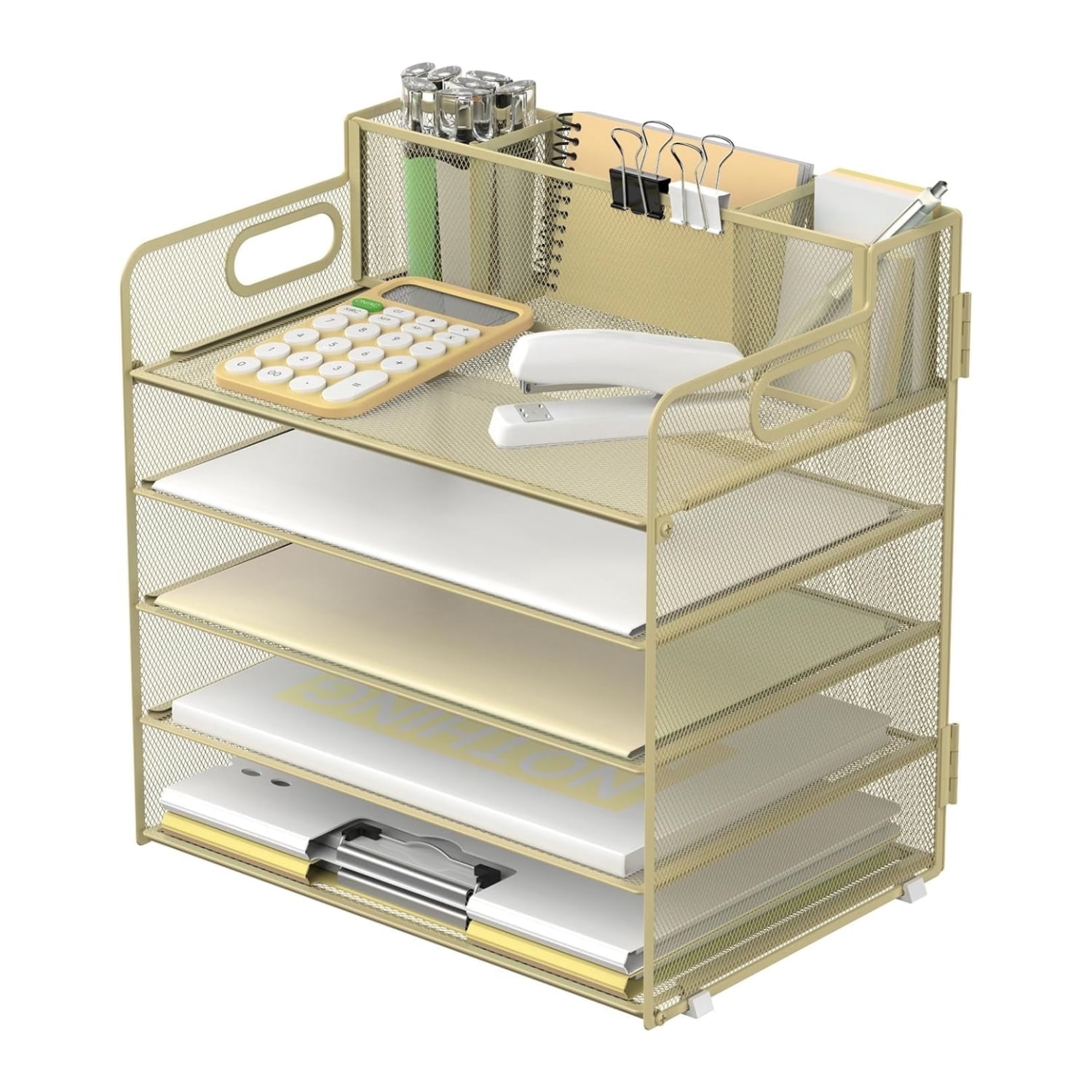 INTIGE 5-Tier Desk Organizer with 3 Pen Holders, Letter Paper Tray, File Holder with Handle