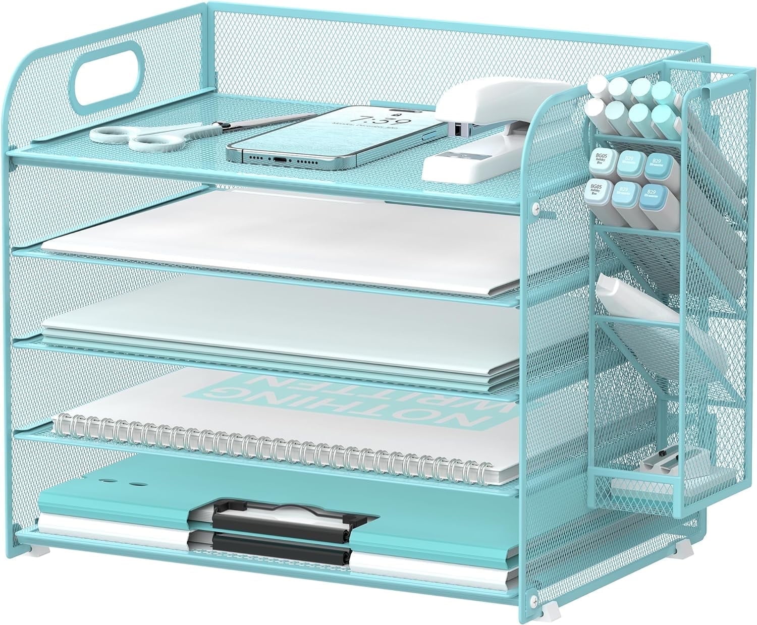 INTIGE 5 Tier Metal Mesh Desk File Organizer with Handle and Pen Holders, Blue, 1 Piece