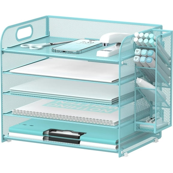 INTIGE 5 Tier Metal Mesh Desk File Organizer with Handle and Pen Holders, Blue, 1 Piece