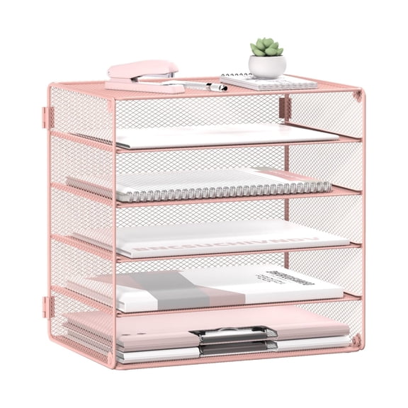 INTIGE 5 Tier Desktop Organizer Tray, Desk Paper Organizer, Storage Solutions for Home Office, Pink, 1 Pack