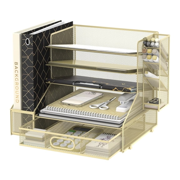 INTIGE 5-Tier Mesh Paper Organizer, Desk Organizer with File Holder, Pen Holder & Drawer for Desk Storage & Office Supplies