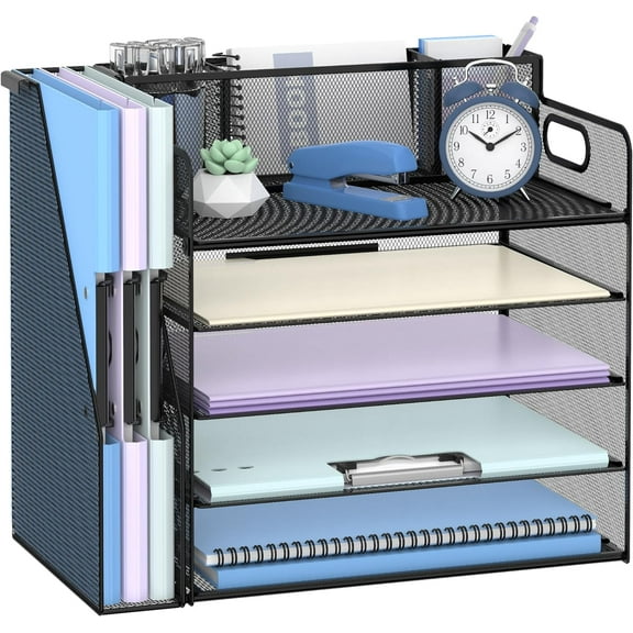 INTIGE 5-Tier Metal Desk File Organizer with Handle, Pen Holders and File Rack, Office supplies, Black, 1 Piece