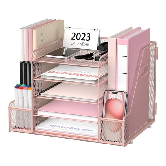 INTIGE 5-Tier Metal Desk Organizer with File Holder, Paper Letter Tray Organizer for Office, Pink, 1 Pcs