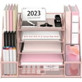 thumbnail image 1 of INTIGE 5-Tier Metal Desktop Organizer with 2 Pencil Holder, 1 Drawer, 2 File Storage, Handle, Pink, 1 of 6