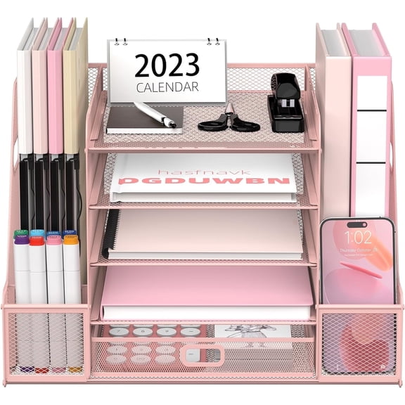 INTIGE 5-Tier Metal Desktop Organizer with 2 Pencil Holder, 1 Drawer, 2 File Storage, Handle, Pink