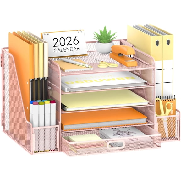 INTIGE 5-Tier Metal Mesh Desk Document Organizer with File Holder, Pen Holder and Drawer, Pink