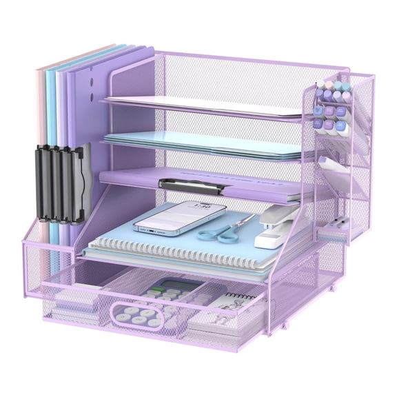 INTIGE 5-Tier Metal Mesh Desktop Organizer with File Holder, Drawers and Pen Holder, Paper Organizer, Purple, 1 Pack