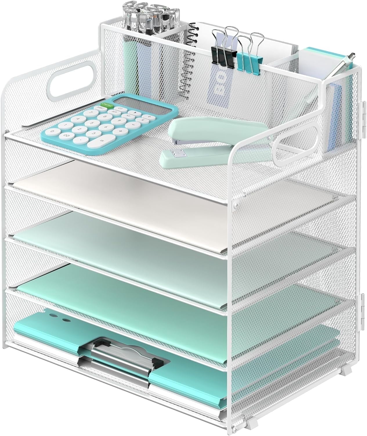 INTIGE 5 Trays Paper Organizer with 3 Pencil Holders-Letter Tray Desk Organzier with Handle (White)