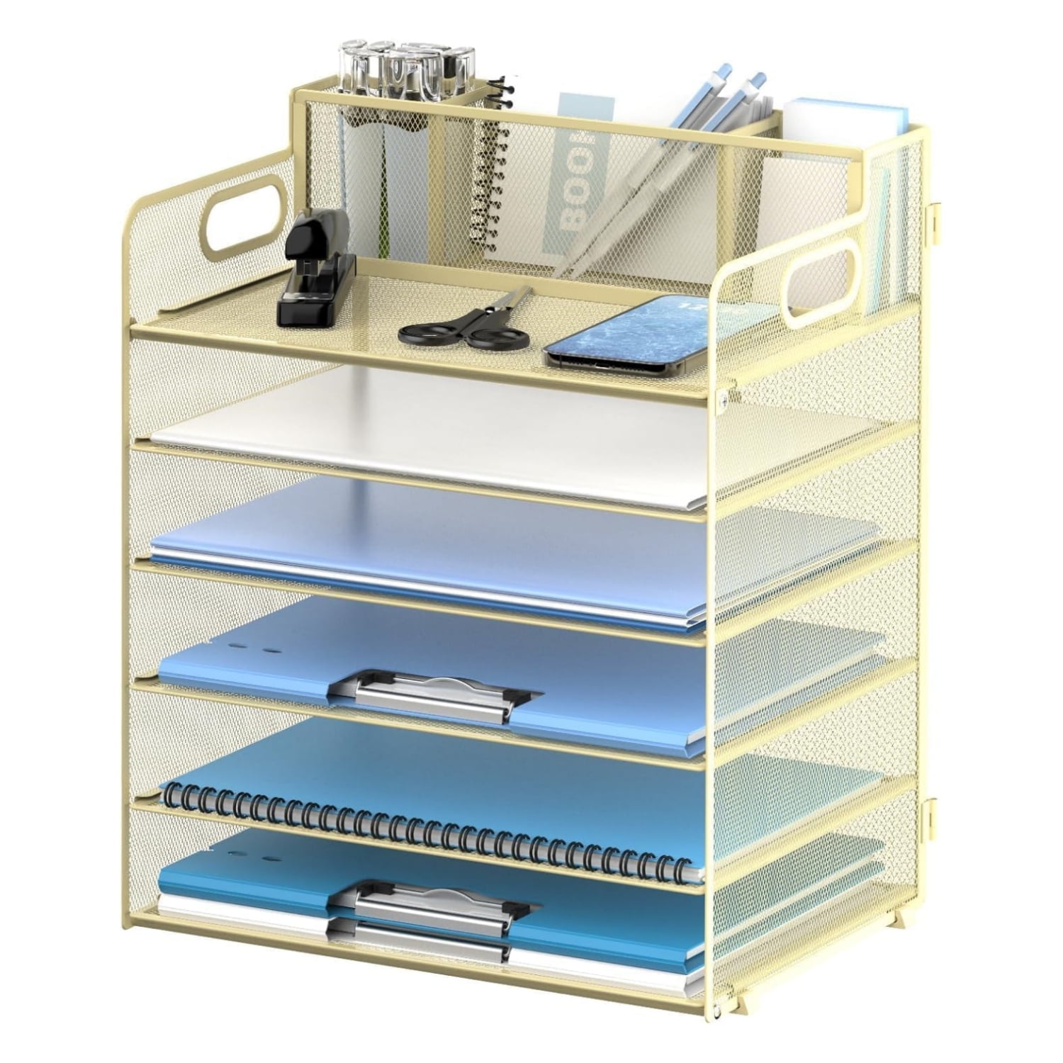 INTIGE 6-Tier Desk Organizer, Metal Desktop Paper Tray with 3 Pen Holders, Desktop Organizer for Home Office