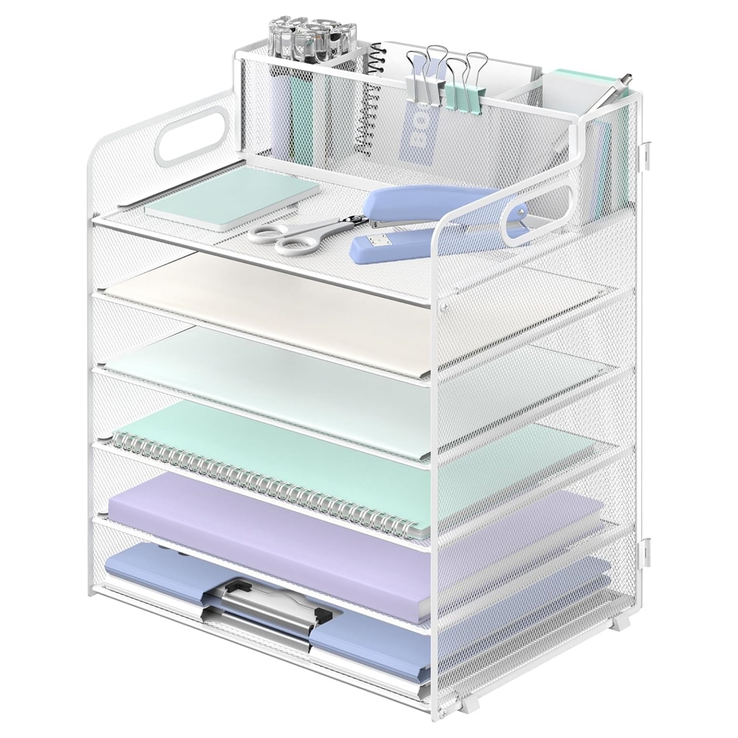 INTIGE 6-Tier Desk Organizer, Metal Paper Organizer with 3 Pen Holders and Handle, White, 1 Pcs