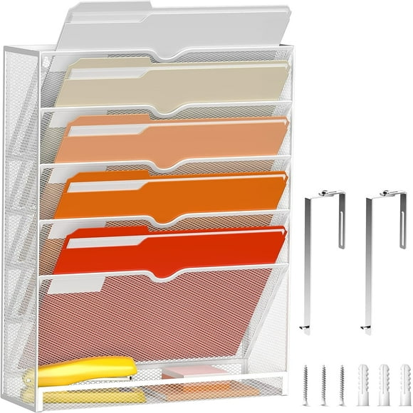 INTIGE 6-Tier Desk Organizer with Hooks, Hanging Wall File Holder for Office Home, White, 1 Pcs