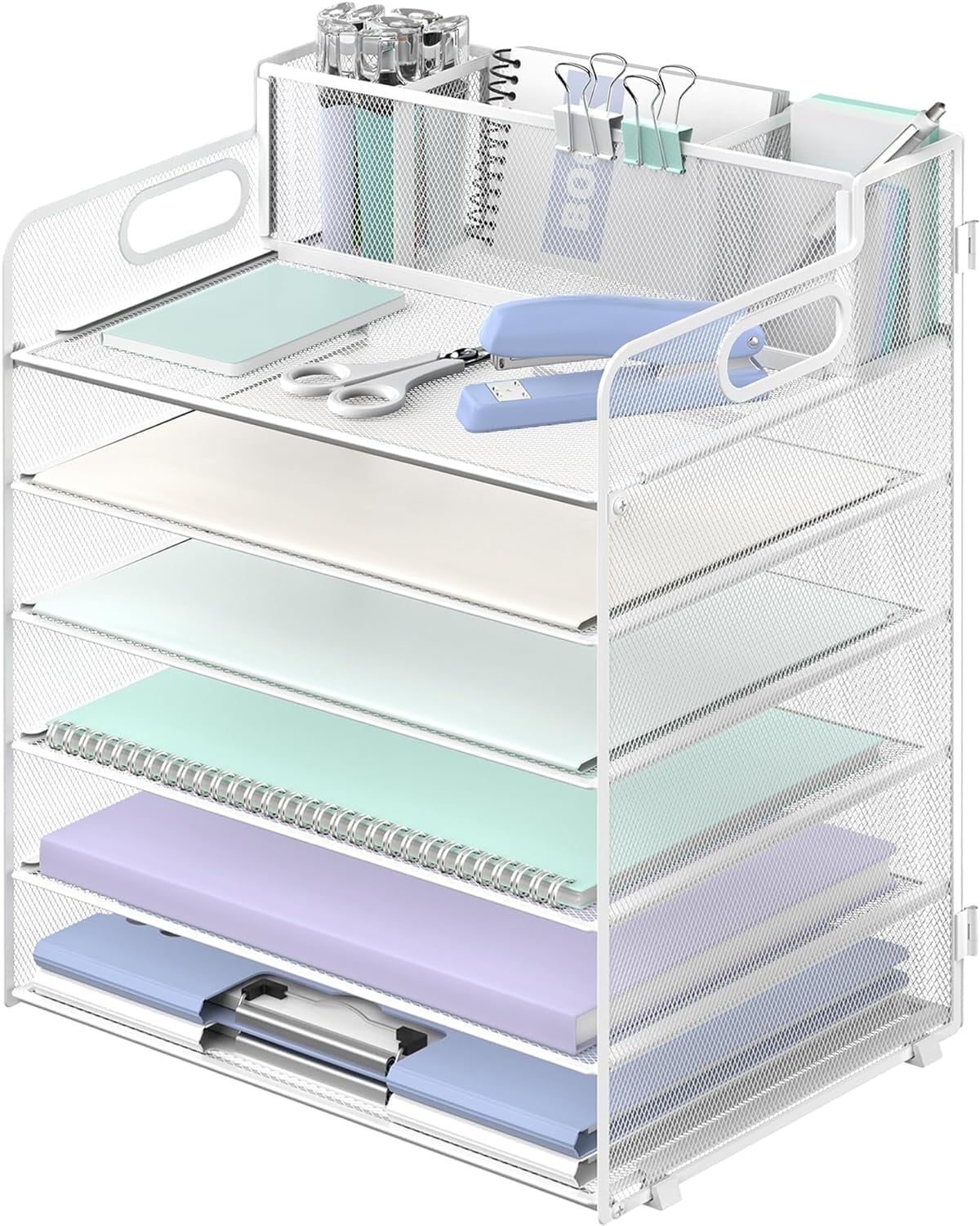 INTIGE 6 Tier Metal Desk File Organizer with Handle and Pen Holders ...