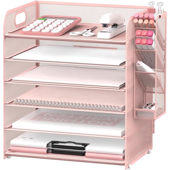INTIGE 6 Tier Metal File Organizer with 4 Pen Holders and Handle, Desk Paper Organizer, Pink, Need Mount