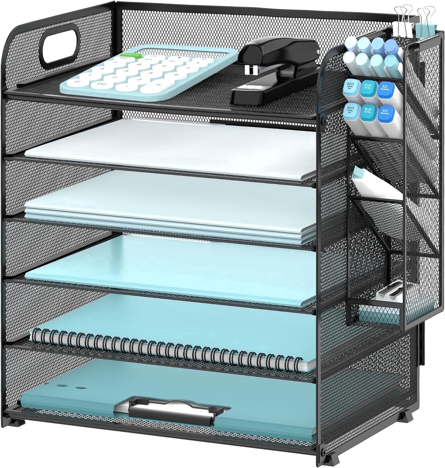 INTIGE 6 Tier Paper Organizer with 4 Pen Holders, Metal Mesh Desk Organizer Letter Tray with Handle, Black