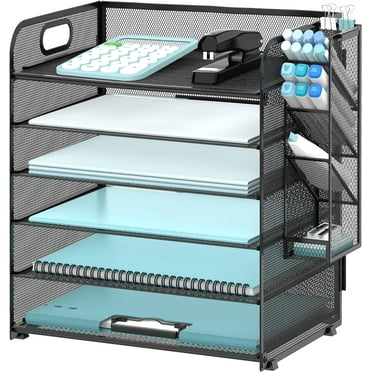 INTIGE 6 Tier Paper Organizer with 4 Pen Holders, Mesh Desk Organizer Letter Tray with Handle, Black