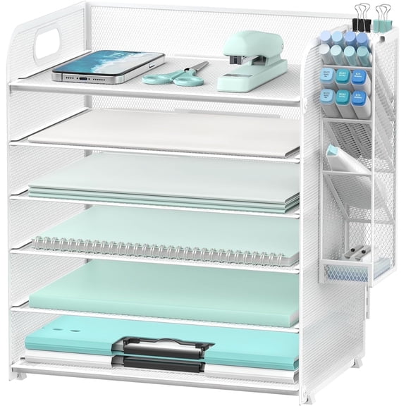 INTIGE 6 Tier Paper Organizer with 4 Pen Holders, Metal Mesh Desk Organizer Letter Tray with Handle, White, Assembly