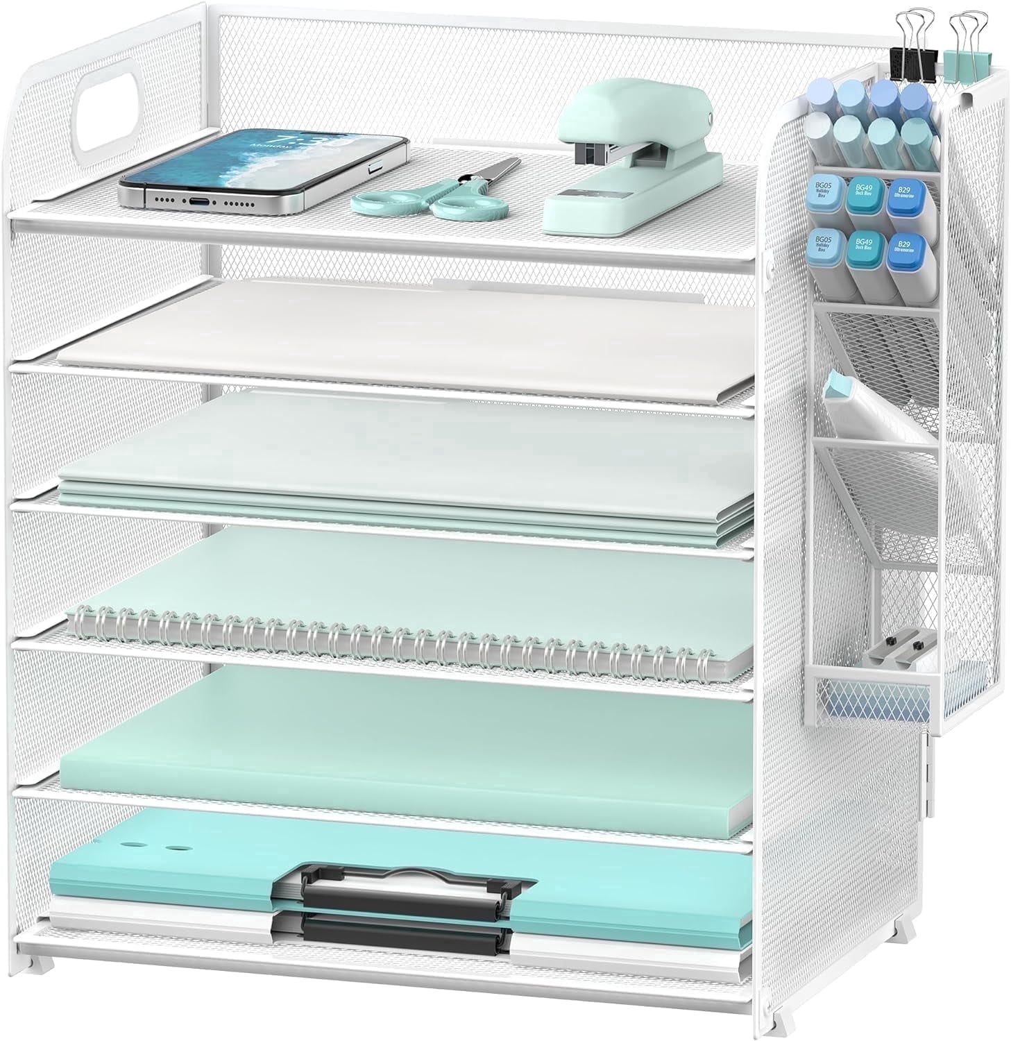 INTIGE 6 Tier Paper Organizer with 4 Pen Holders, Metal Mesh Desk Organizer Letter Tray with Handle, White, Assembly