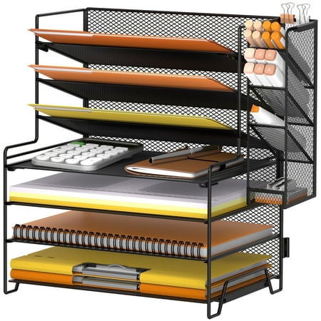 INTIGE 7-Tier Metal Mesh Desk File Organizer with 4 Pen Holder, Paper Organizer, Black