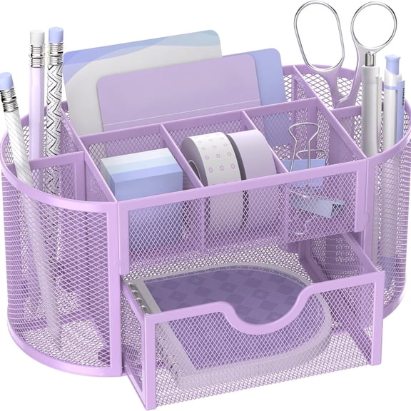 INTIGE 9 Compartments Metal Desk Organizer with Drawer, Pen Holder, 8.6 x 4.3 x 4.1 inch, Purple
