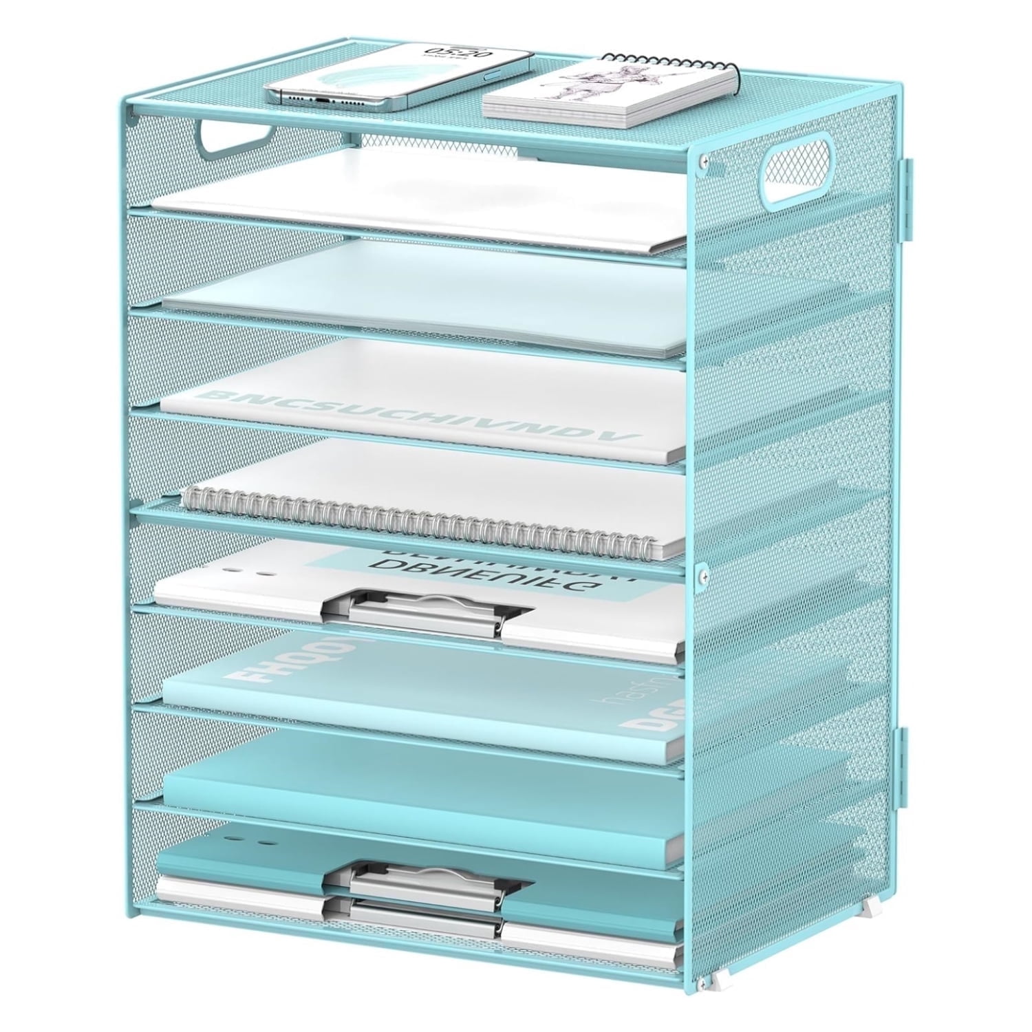 INTIGE 9-Tier Mesh Paper Desk Organizer with File Holder, Handle, Blue, 1 Piece