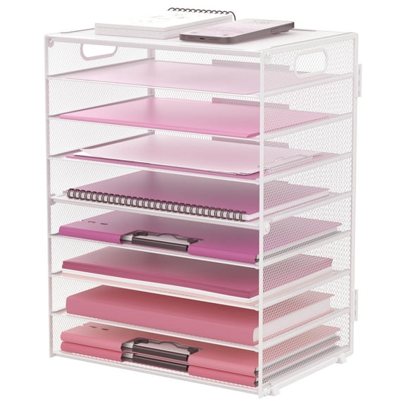 INTIGE 9-Tier Metal Paper Tray Desk Organizer with Handles, Desk Letter Organizer, White, 1 Piece