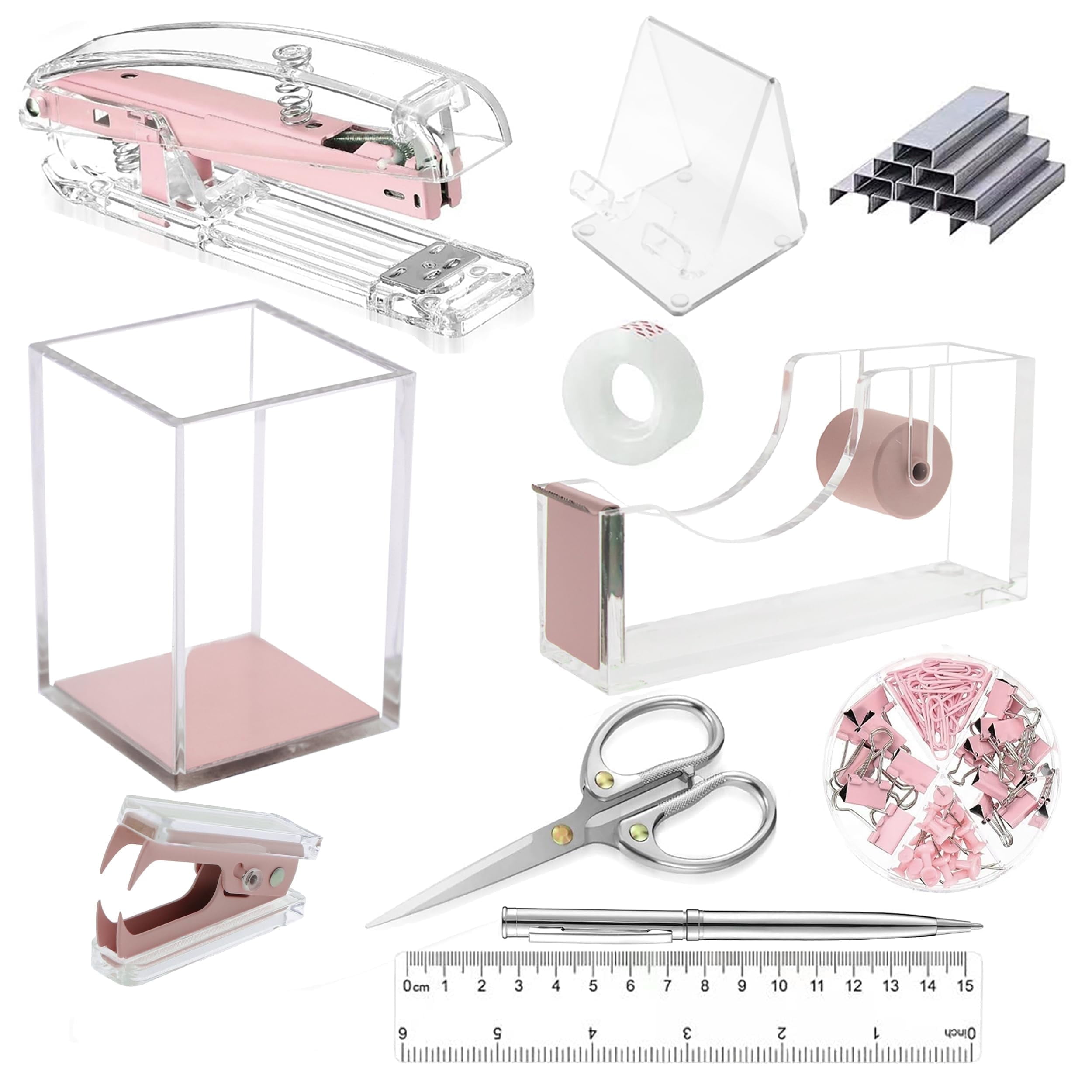 INTIGE Acrylic Desk Kit Stationery with Stapler, Remover, Holders and More, Pink