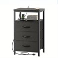 thumbnail image 1 of INTIGE Bedside table with USB port and socket, 3 fabric drawers, multifunctional dressing table, 1 of 6