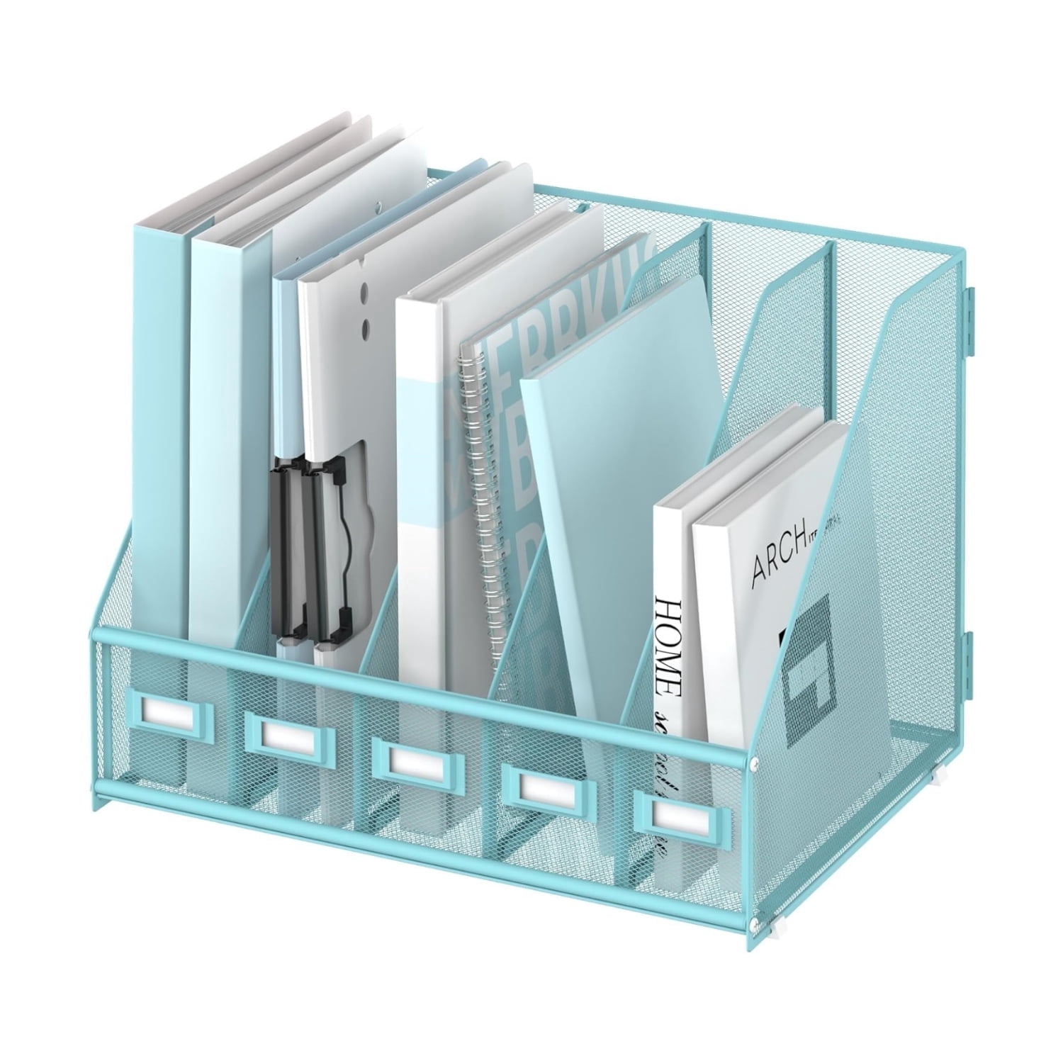 INTIGE Desk Organizer Magazine File Rack with 5 Vertical Compartments, Metal Mesh for Desk and Home Workspace