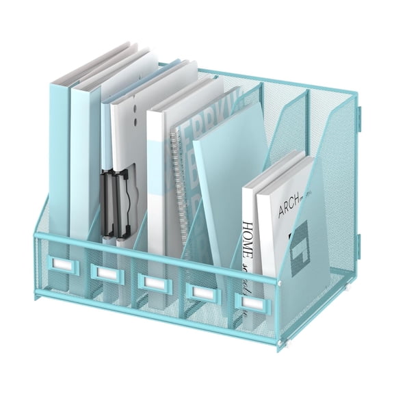 INTIGE Desk Organizer Magazine File Rack with 5 Vertical Compartments, Metal Mesh for Desk and Home Workspace