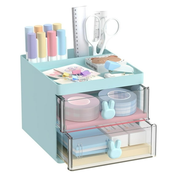 INTIGE Desk Organizer with 2 Drawers, Multi-Functional Pencil Pen Holder for Desk Storage with 3 Compartments, Mini Cute Desk Accessories