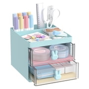 INTIGE Desk Organizer with 2 Drawers, Multi-Functional Pencil Pen Holder for Desk Storage with 3 Compartments, Mini Cute Desk Accessories, Blue