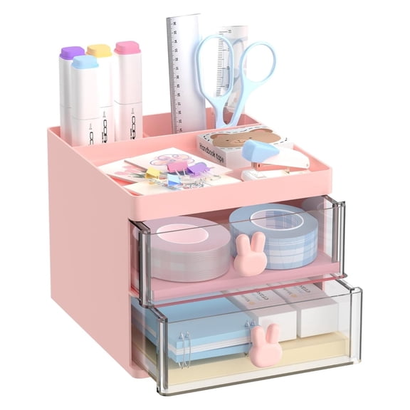 INTIGE Desk Organizer with 2 Drawers, Multi-Functional Pencil Pen Holder for Desk Storage with 3 Compartments, Mini Cute Desk Accessories, Pink