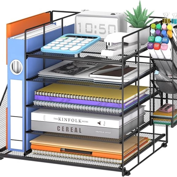 INTIGE Desk Organizer with Magazine Holder, 5-Tier Paper Organizer for Desk with Pen Holder, Paper Letter Tray for Home, Office
