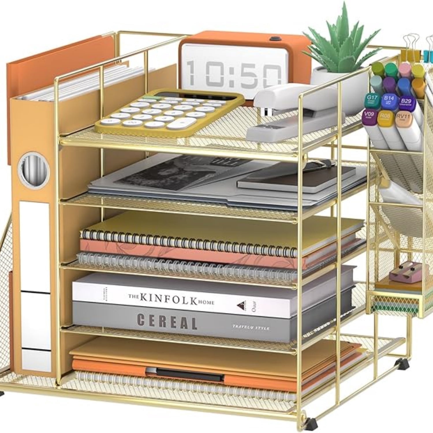 INTIGE Desk Organizer and accessories, 5-Tier Paper Organizer for Desk with Pen Holder and Magazine Holder, Paper Letter Tray for Home, Office