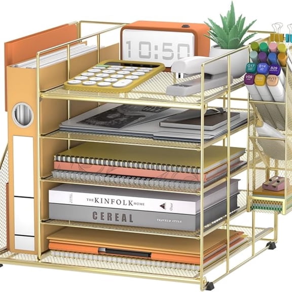 INTIGE Desk Organizer and accessories, 5-Tier Paper Organizer for Desk with Pen Holder and Magazine Holder, Paper Letter Tray for Home, Office