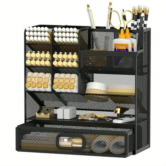 INTIGE Desktop Organizer with Drawer, Multifunctional Mesh Pen Holders and Desk Accessories for Office and Art Supplies