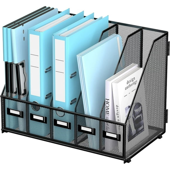 INTIGE Desktop Organizers with 5 Vertical Compartments Rack, File Storage for Office, Home Workspace, Black Plus