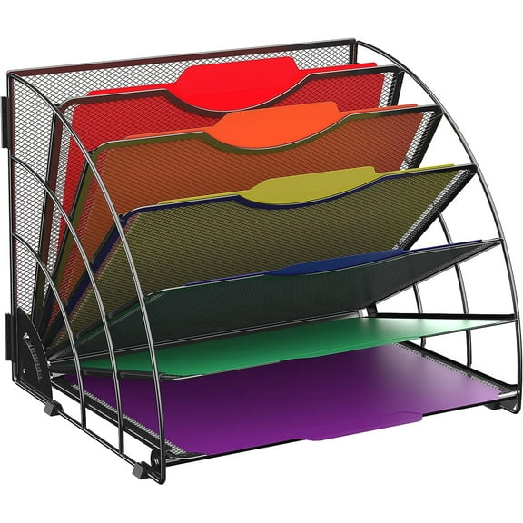 INTIGE Fan Shaped Desk File Organizer, 6 Compartments,Desk Storage for Office, Black