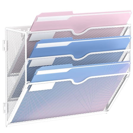 INTIGE 3 Tier Wall File Holder, Hanging Wall File Organizer, Papers Mails Files Folders Clipboard Magazine Storage, for Home Office Organization, Assembly Needed Metal Mesh, White